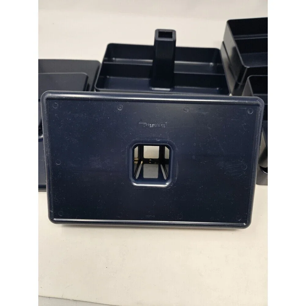 VINTAGE TUPPERWARE 4 PIECE STACKABLE JEWELRY DESK ORGANIZER NAVY BLUE SET OF 2
